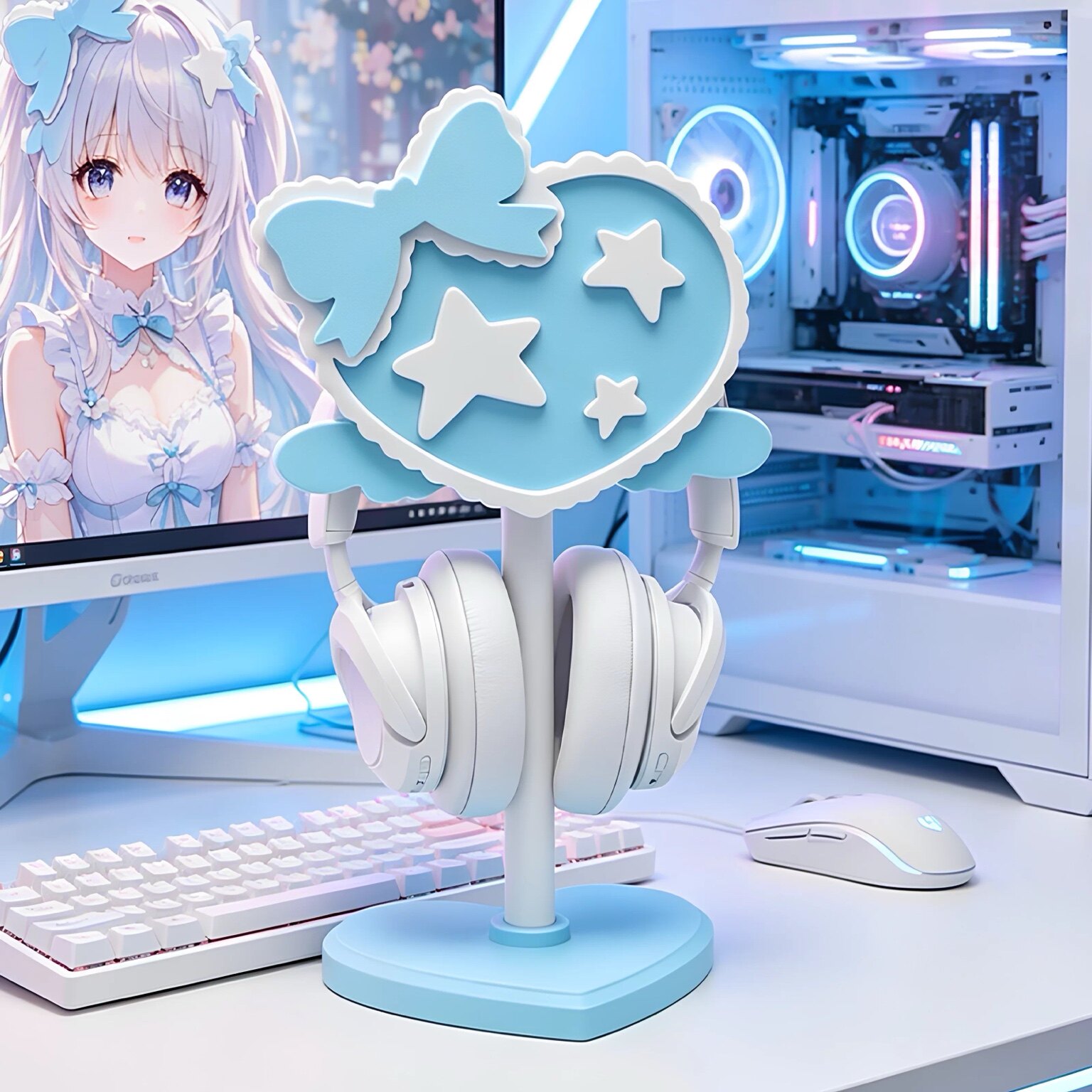 少女心耳机支架ins可爱蝴蝶结心型耳机架电竞房桌面装饰收纳摆件图片