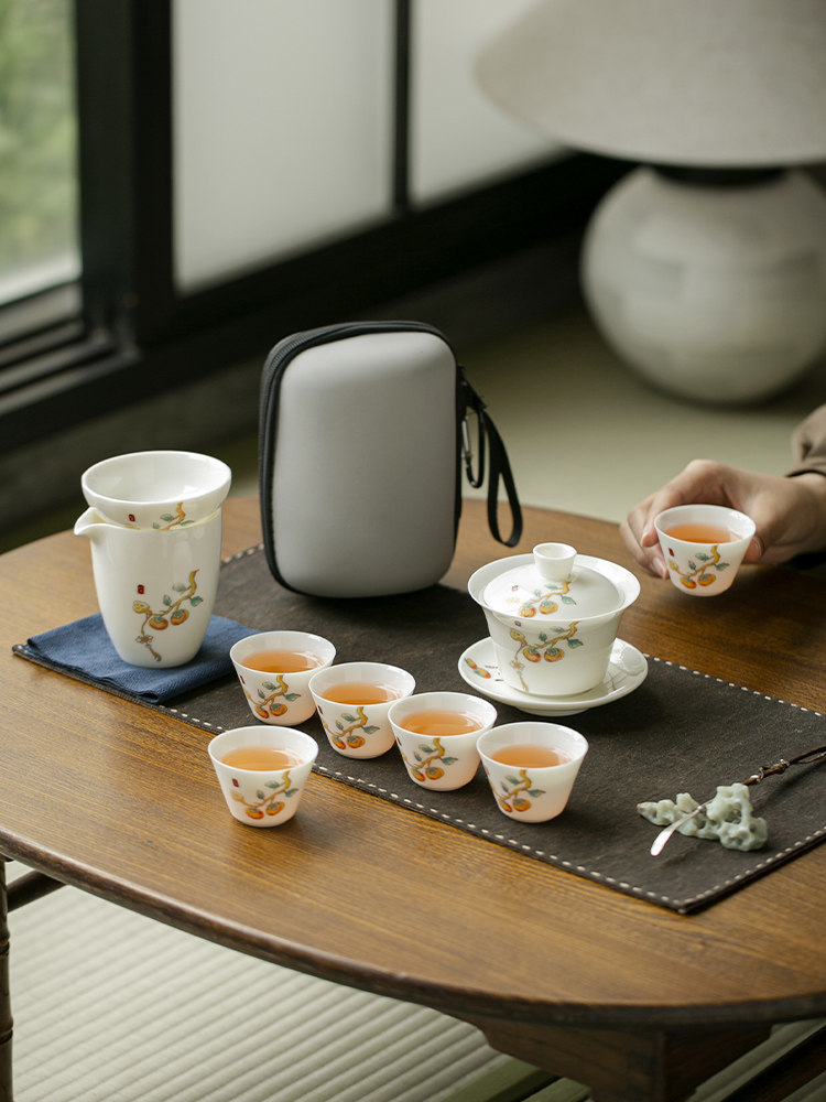 三才盖碗旅行茶具套装德化白瓷便携式户外柿柿如意一壶六杯快客杯