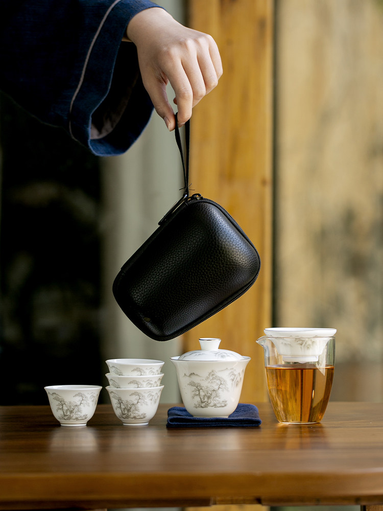 德化白瓷盖碗茶杯旅行茶具便携式功夫快客杯一壶四杯户外茶具套装