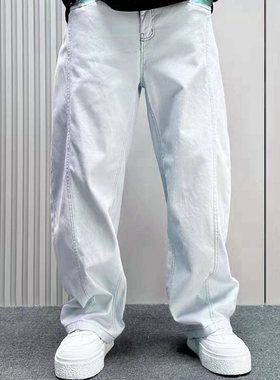 美式街头嘻哈裤牛仔裤男宽松阔腿长裤高街胖人加长加大加肥超大号