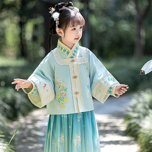 明制女童汉服春秋套装国风对襟刺绣儿童古装女孩唐装蓝色古风童装
