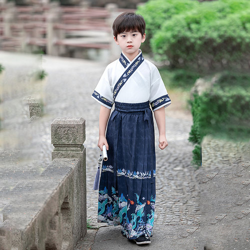 高档男童汉服夏季薄款短袖演出服马面裙套装中国风儿童演出服古装