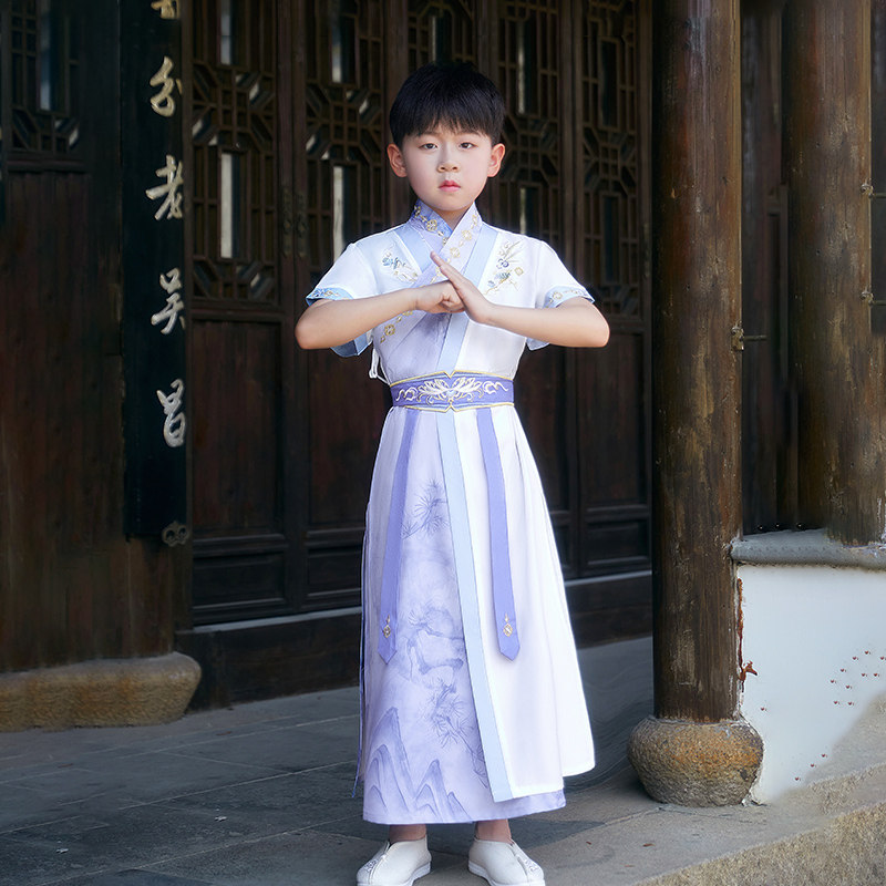 儿童汉服夏款男童侠客古装演出服套装宋制书生少爷诗朗诵短袖服装