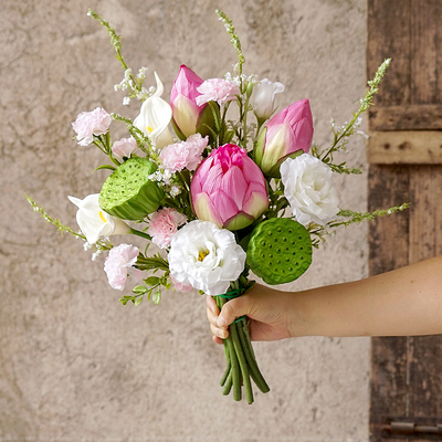 在野 荷花彷真花束客厅餐桌莲花手捧花假花摆件装饰插花道具摆设
