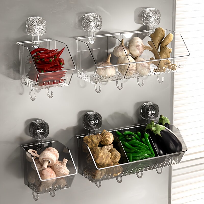 厨房吸盘收纳篮带挂钩免打孔壁挂无痕置物架调料葱姜蒜分类收纳盒