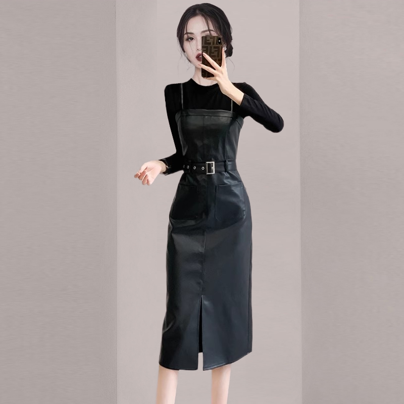 辣妹pu皮裙吊带连衣裙高级感套装