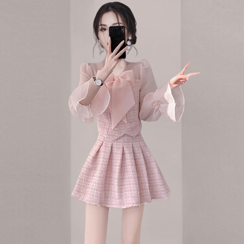 法式新款甜美时尚蝴蝶结拼接套装