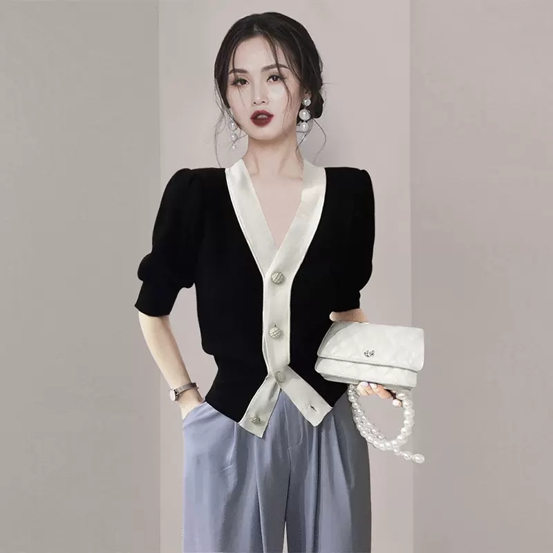 小个子泡泡袖开衫针织上衣女2025年秋季新款高端气质女装洋气衬衫