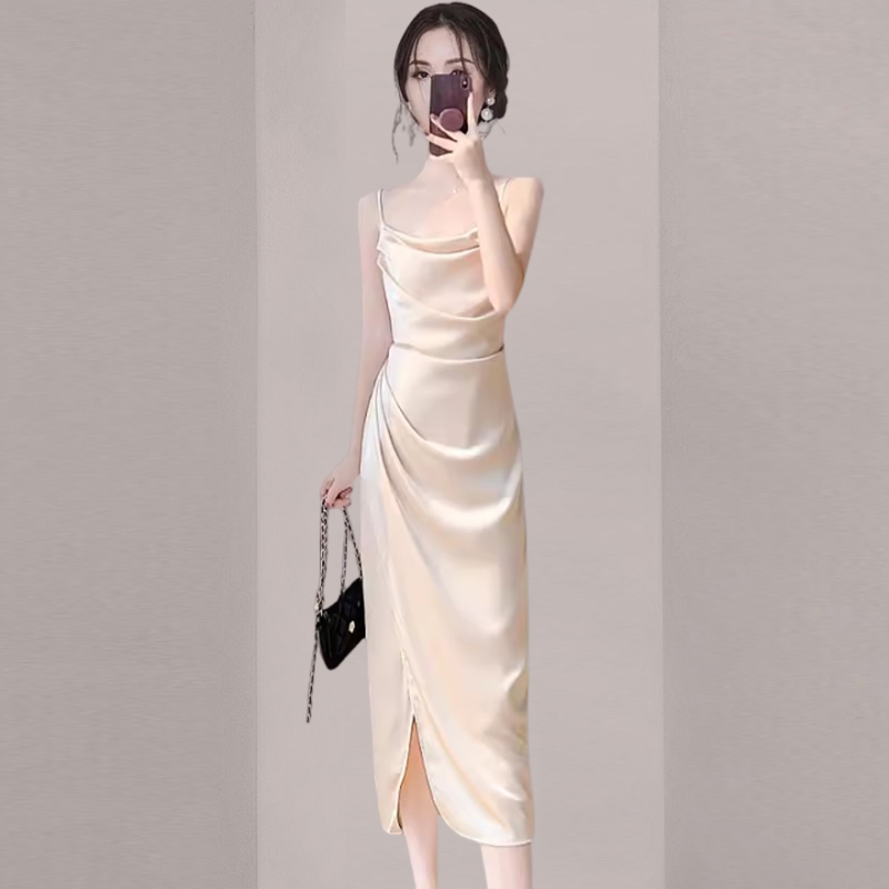 高级感法式醋酸缎面吊带连衣裙女