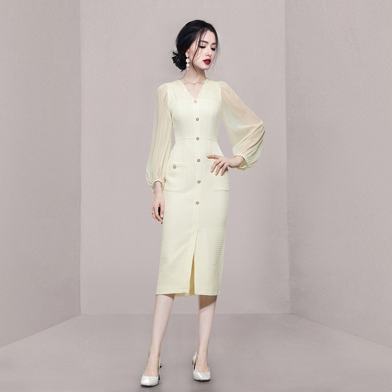 高级感气质名媛长袖连衣裙2023夏季新款修身收腰显瘦女装夏装裙子
