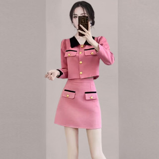 2024春装新款气质名媛小香风粉红色套装时尚短款外套半身裙两件套