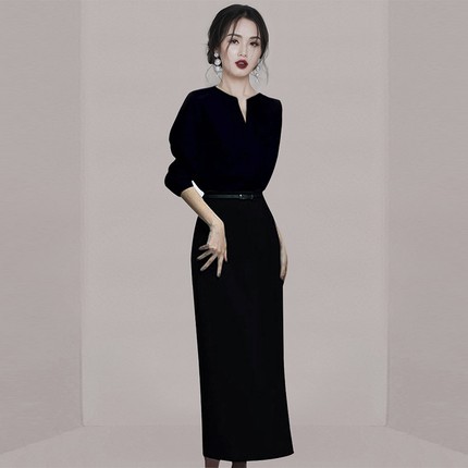 设计感小众显瘦高级感气质长裙2025春装新款女黑色长袖包臀连衣裙