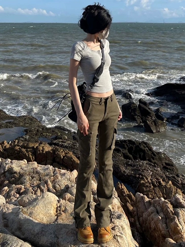 Зеленая униформа медсестры, осенние приталенные штаны, ретро мегафон, джинсы, высокая талия, по фигуре, подходит для подростков, в американском стиле