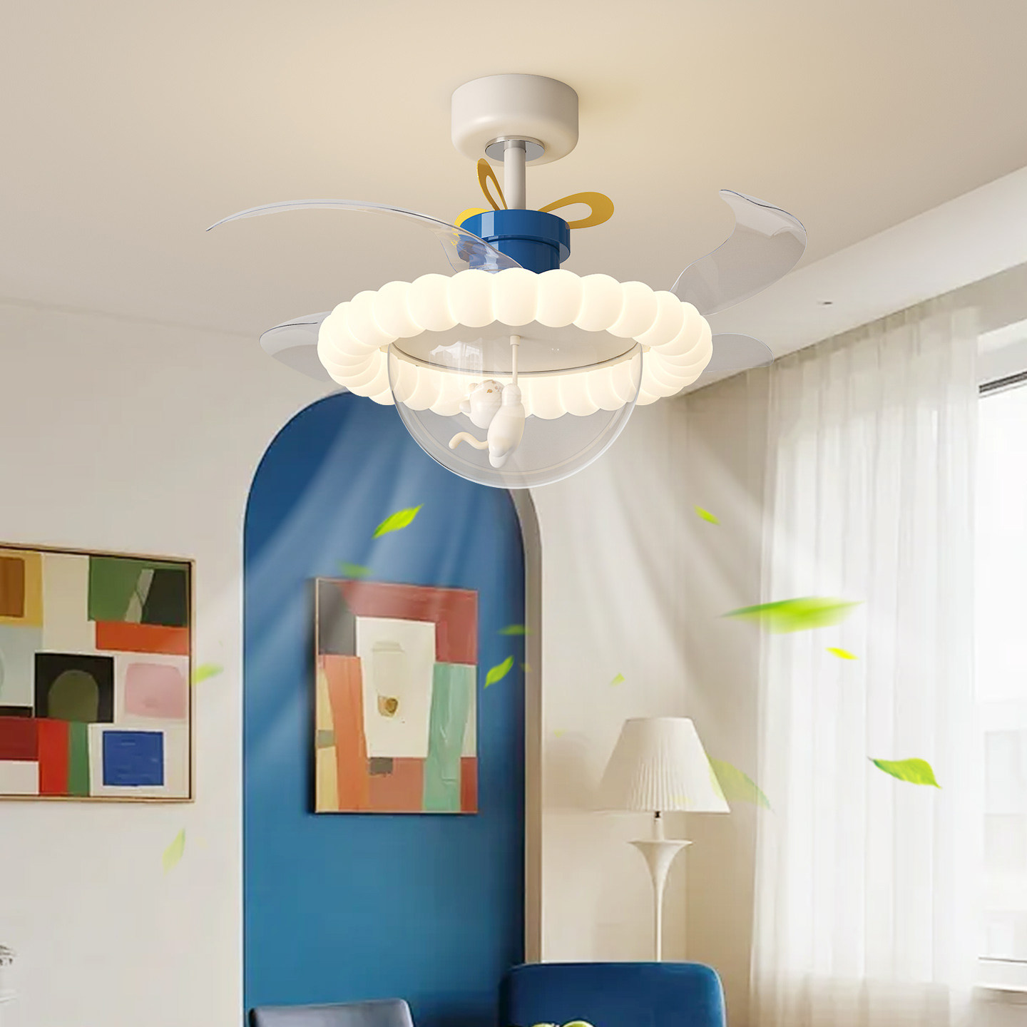 奶油风现代简约卧室风扇灯法式复古创意泡泡餐厅吊灯电扇一体灯