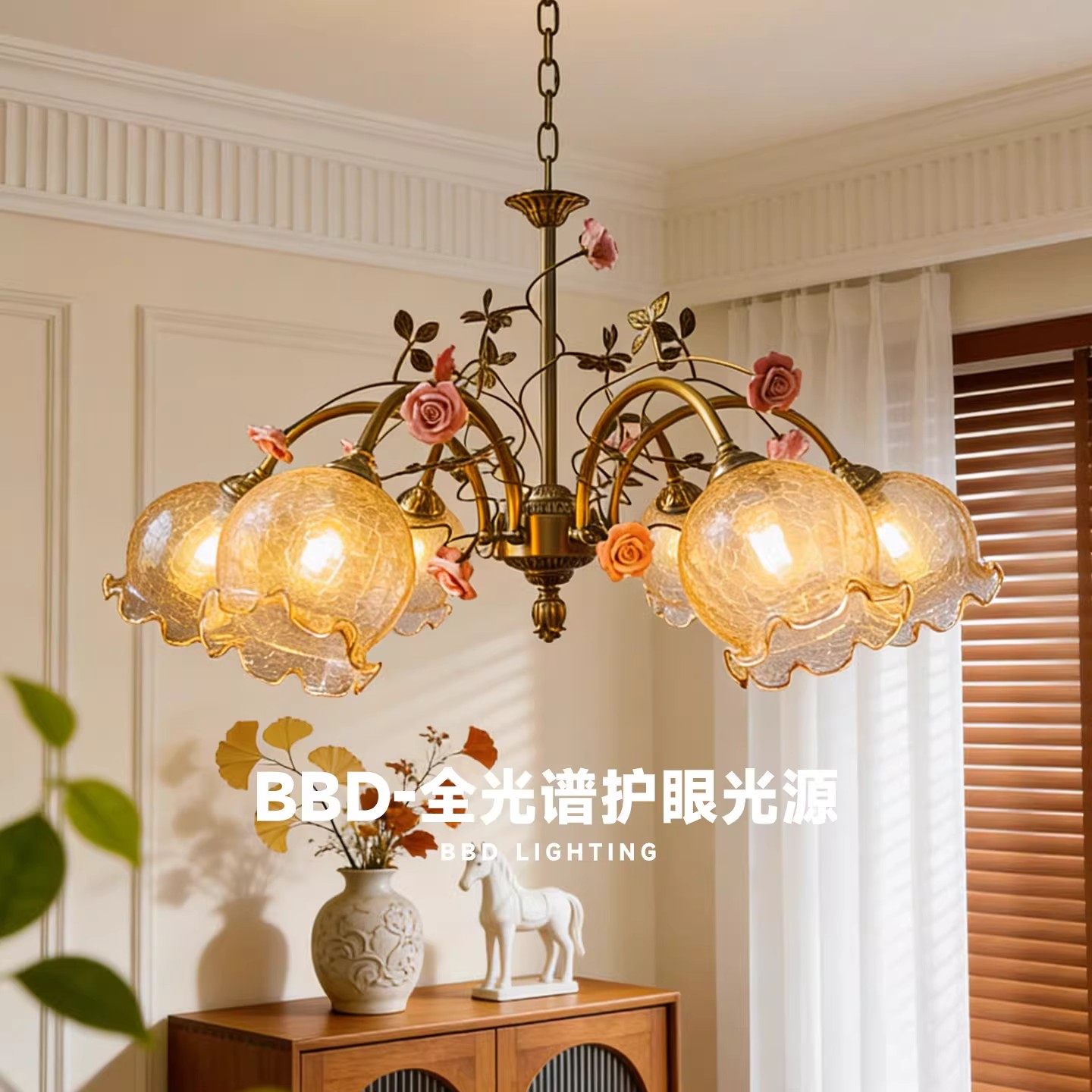 法式全铜吊灯美式复古轻奢客厅卧室玫瑰花朵浪漫田园中古餐厅吊灯