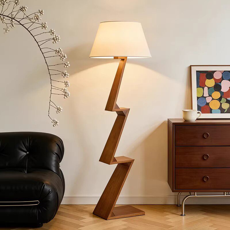 中古风z字形实木落地灯复古布艺客厅沙发旁置物架台灯卧室氛围灯