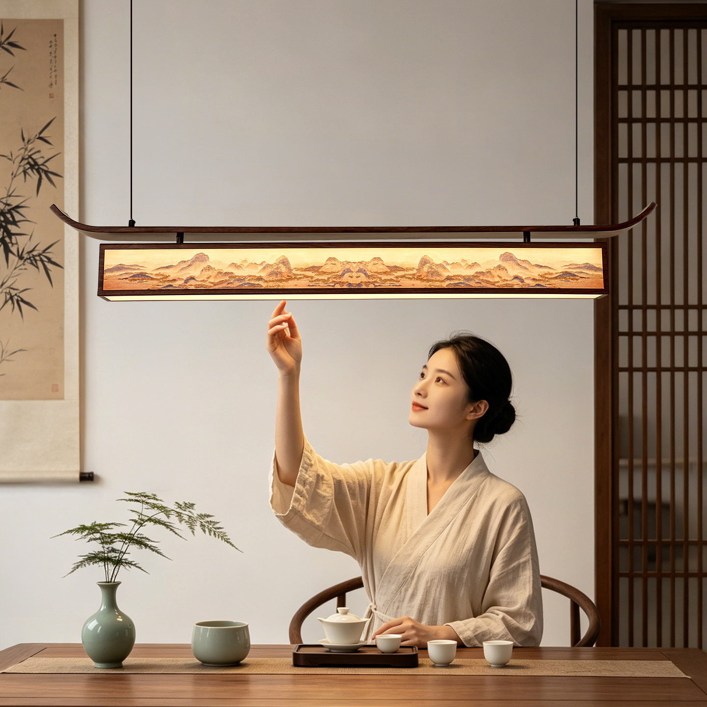 宋式美学餐厅复古吊灯长条中国风禅意设计师布艺岛台一字茶台灯