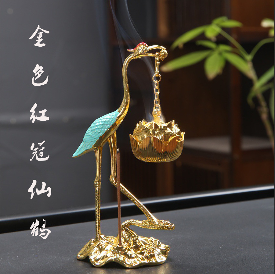 金色红冠仙鹤香炉吊炉小祥云无粘粉沉香檀香净化空气室内持久香薰