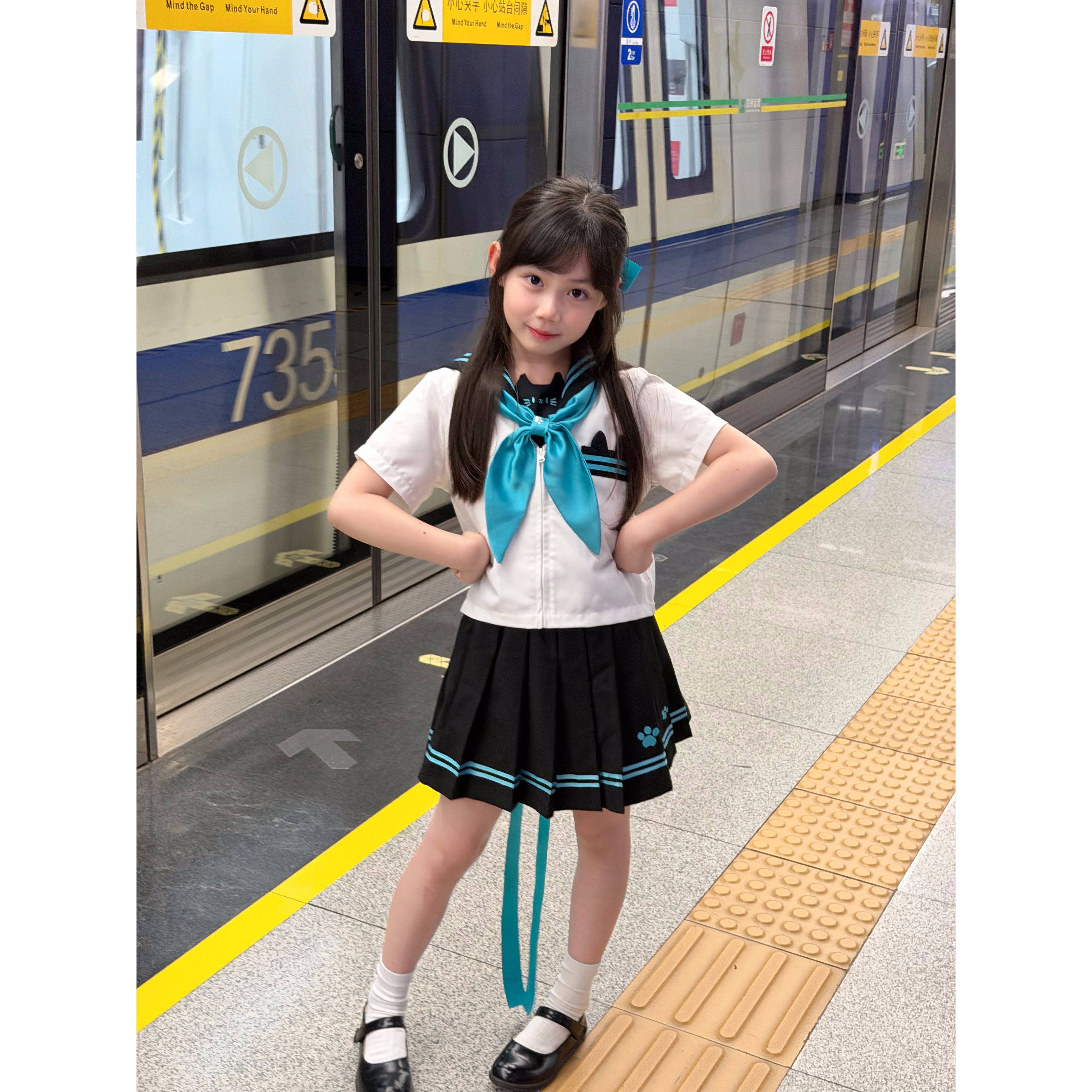NONO CHILD 女童夏季学院风猫咪jk初音色水手服套装