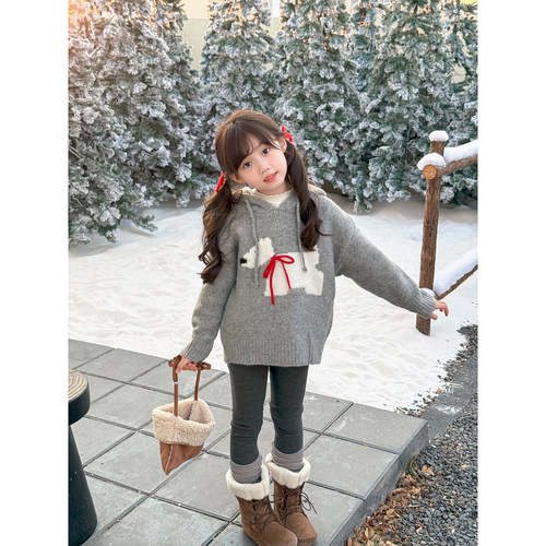 NONO CHILD 秋冬女童可爱立体蝴蝶结小狗针织连帽上衣