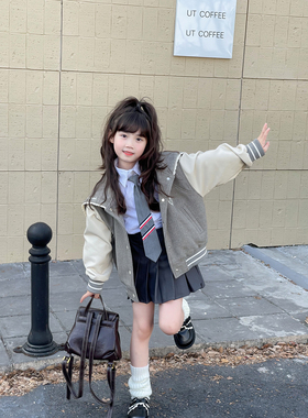 NONO CHILD 2024秋冬女童学院海军领连帽棒球服毛呢外套