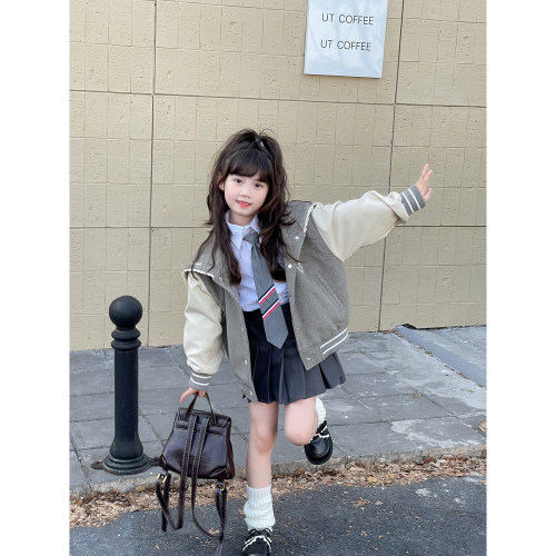 NONO CHILD 2024秋冬女童学院海军领连帽棒球服毛呢外套