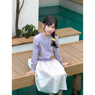 NONO CHILD 女童26春款立体蝴蝶结针织开衫外套刺绣半身裙
