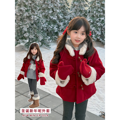 NONO CHILD 女童秋冬圣诞新年保暖呢外套毛毛拼接大衣