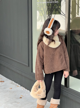 NONO CHILD 女童秋冬时髦麂皮绒羊羔毛加厚外套保暖时髦短款夹克