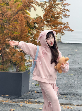 NONO CHILD 女童秋冬甜美兔子耳朵外套休闲直筒裤套装两件套