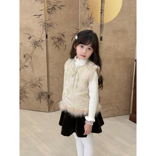 女童复古提花夹棉毛边马甲国风背心外套 秋冬新中式 NONO CHILD