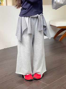 NONO CHILD 女童秋季洋气时尚卷边直筒裤格子系带休闲卫裤