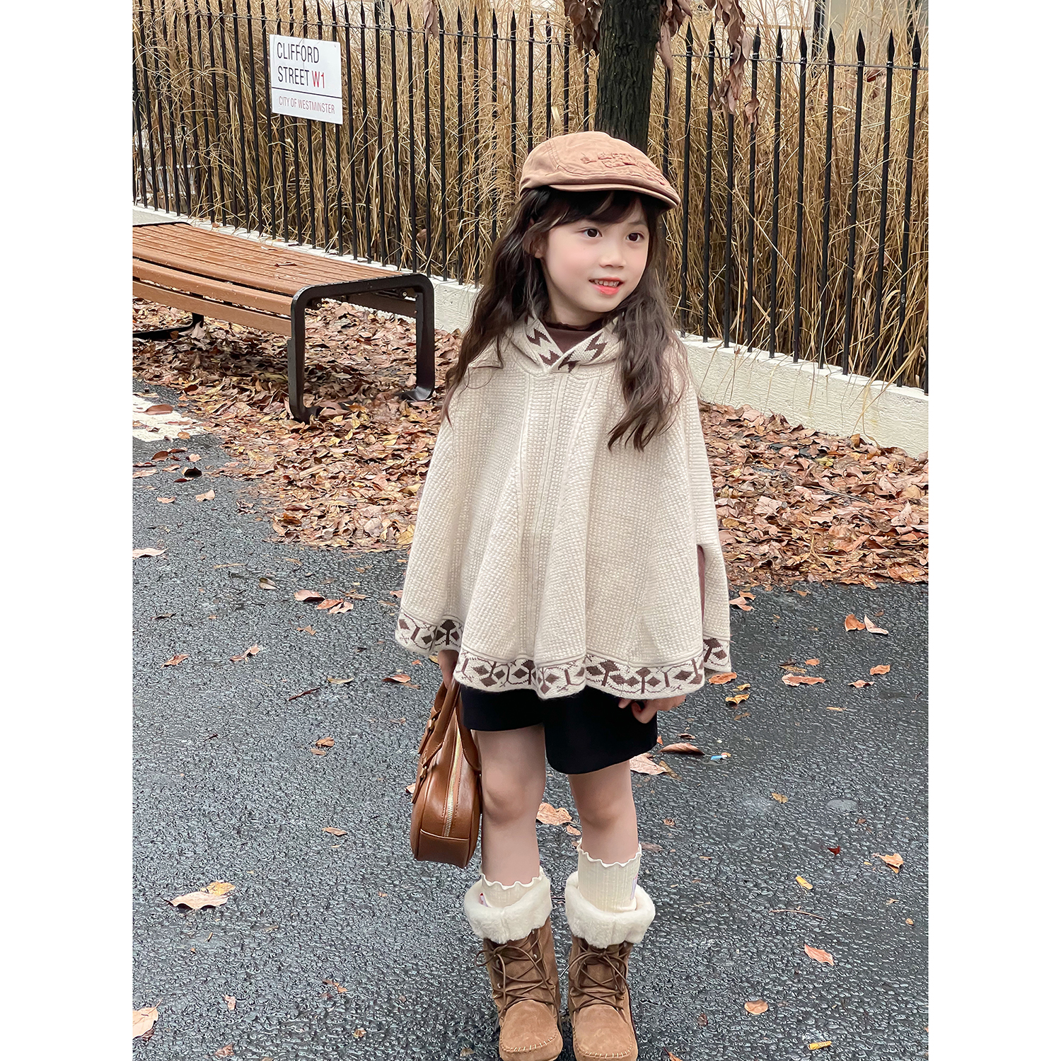 NONO CHILD 秋冬女童气质连帽针织斗篷宝宝秋款上衣