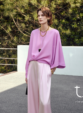 TU女装雨烟 圆领镂空多巴胺穿搭T恤宽松显瘦紫色上衣夏蝙蝠袖衬衫