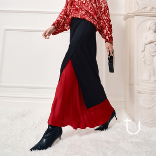 百搭显瘦直筒半裙 1oo羊毛撞色高腰半身裙中长款 TU女装 暗夜玫瑰