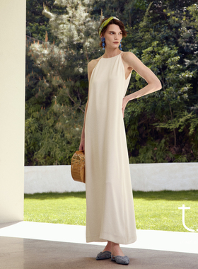 TU女装 流萤 三醋酸白色吊带连衣裙慵懒风气质蕾丝度假穿搭裙子