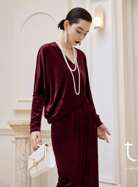 【新年系列】TU红色不规则收腰新年战袍连衣裙26春三醋酸丝绒裙子