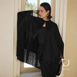 慵懒披肩外套 三醋酸立领廓形流苏斗篷上衣2026年春夏新款 翎光