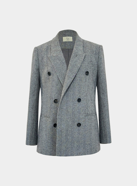 TU女装人字纹羊毛西装气质灰色宽松西服厚款显瘦短外套