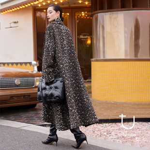 阔版 TU女装 新款 复古豹纹羊毛大衣2025年冬季 毛呢长外套 萨堤迷纹