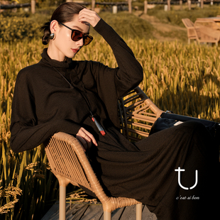 慵懒直筒长裙子 羊绒针织堆堆领连衣裙25年冬新款 TU女装 云染素华