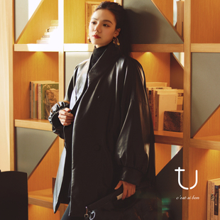 宽松廓形真皮外套 立领骆驼绒羊皮皮衣25冬新款 TU女装 凛影锋芒