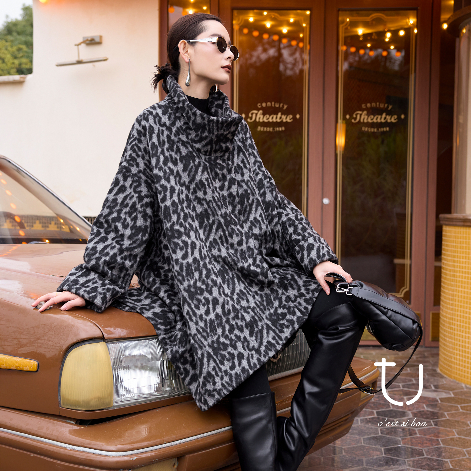 TU女装 复古豹纹骆驼绒加厚棉服外套25冬季新款波嬉风廓形大衣