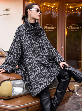TU女装 复古豹纹骆驼绒加厚棉服外套宽松百搭波嬉风廓形大衣