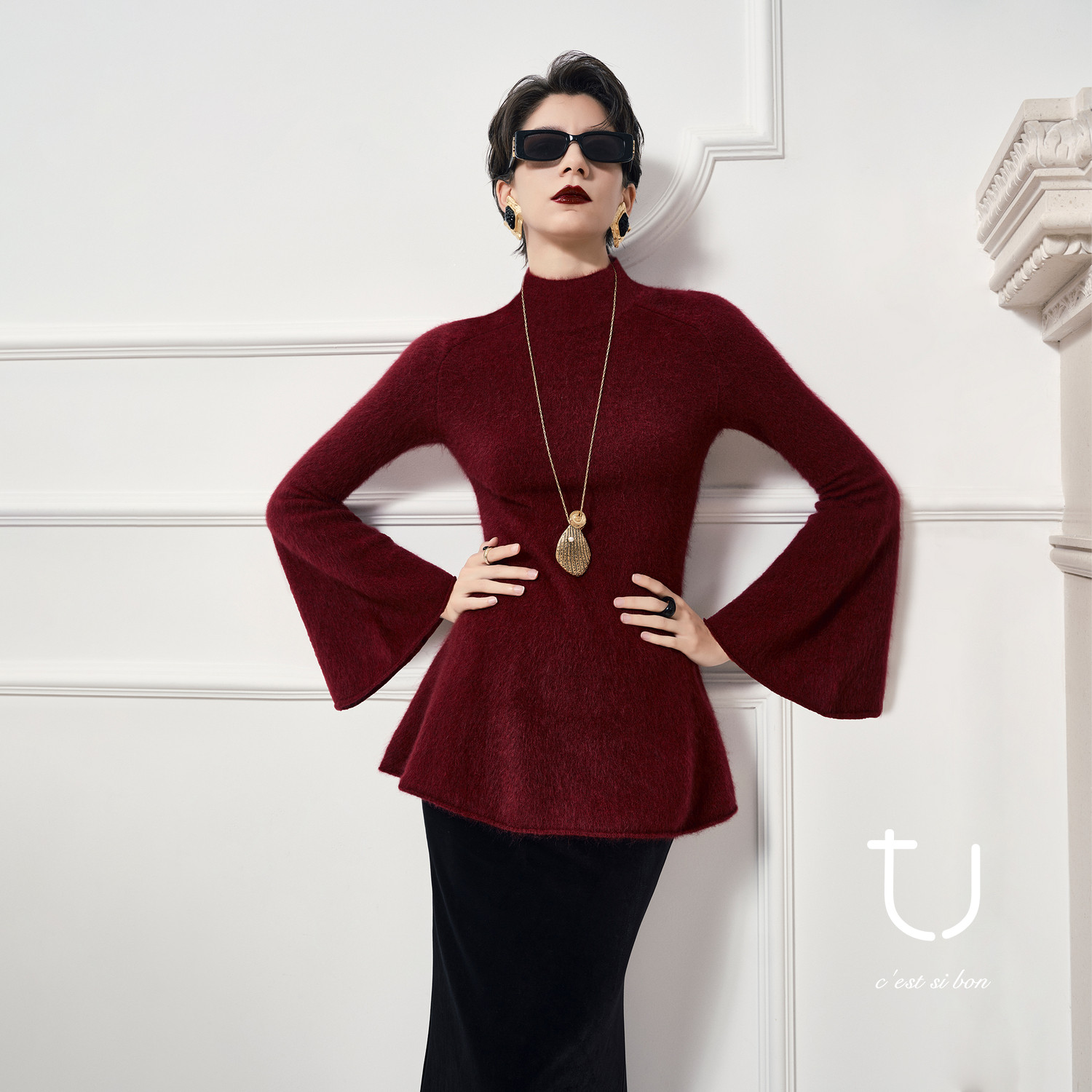 TU女装 乌普萨漫 牦牛绒拉绒立领针织毛衣松弛感打底内搭上衣