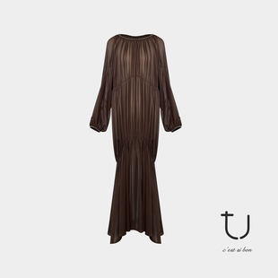 新款 真丝钉珠连衣裙2025年冬季 桑蚕丝琥珀流光长裙子 烟萝 TU女装