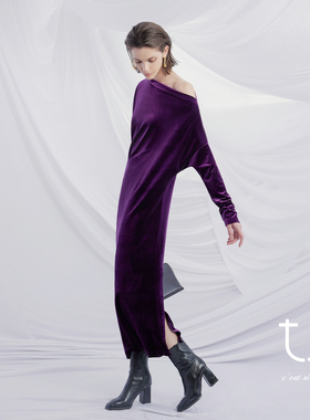 TU女装立裁创意设计礼服裙优雅三穿琥珀流光斜肩中长款丝绒连衣裙