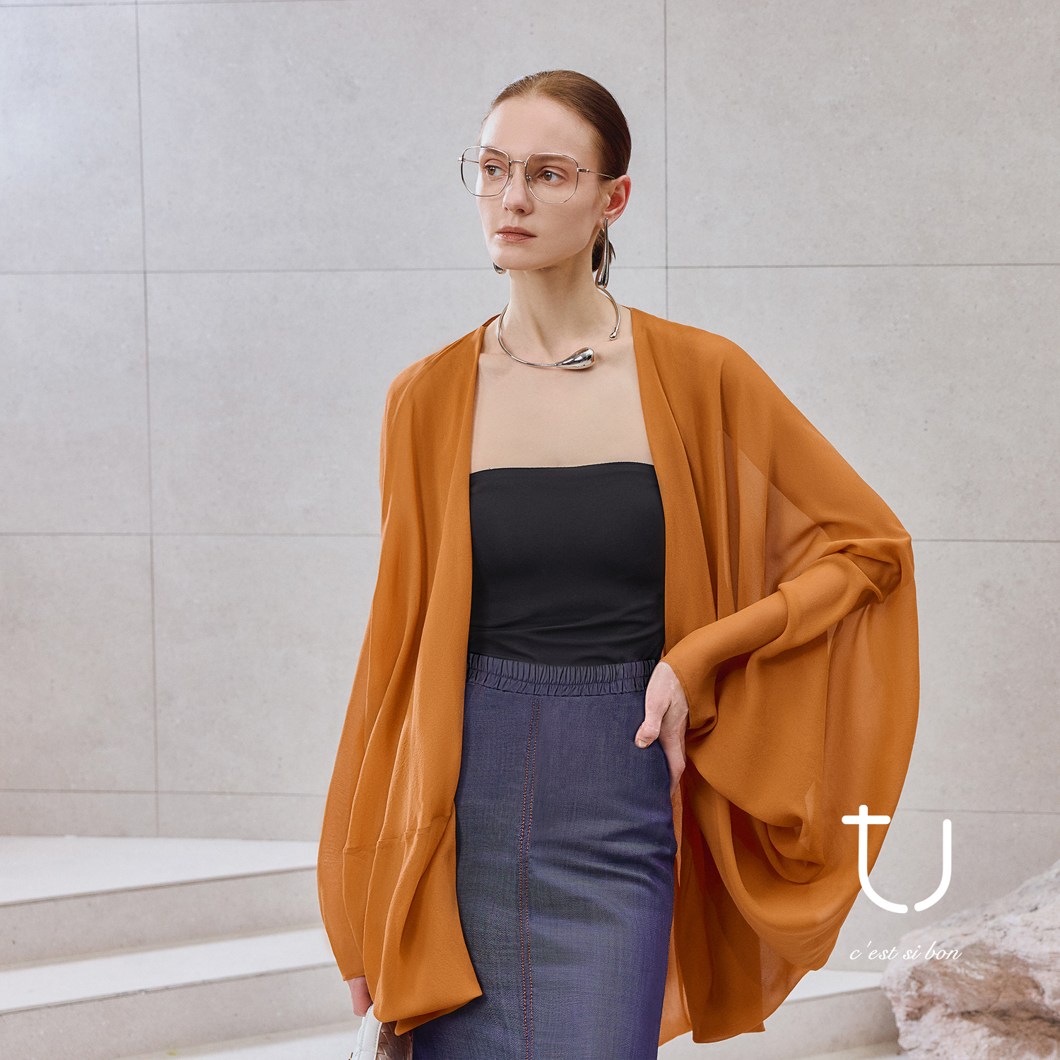 TU女装真丝连袖披肩上衣