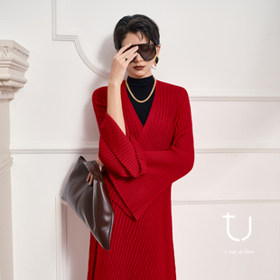 羊毛针织红色连衣裙新年穿搭V领中长款 TU女装 裙子 新年系列