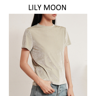 T恤舒适简约高级轻奢 特价 LILYMOON春夏三醋酸光感圆领丝绒短袖